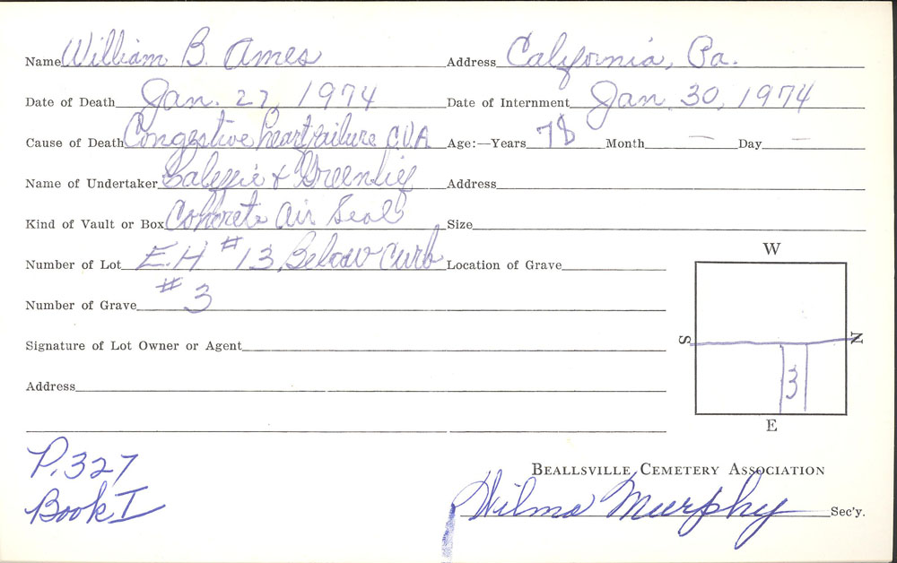 William B. Ames burial card